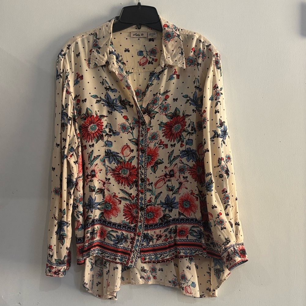 Lola P. Floral Bohemian Button Up Women Shirt Blouse‎ Size L - Picture 8 of 9